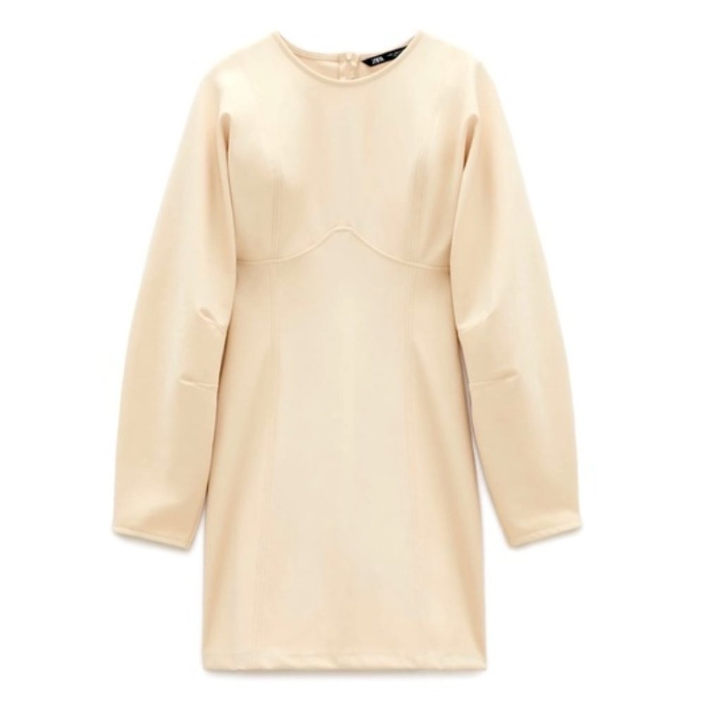 NWT Zara Long Sleeve Neoprene Cream Mini Dress - Picture 2 of 12